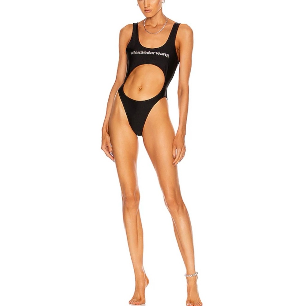 NWT Alexander Wang Cutout Logo Swimsuit Black Rhinestone Spring Break Beach S